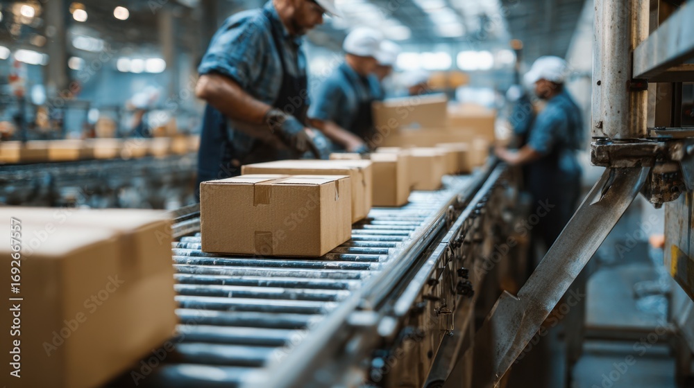 custom made wallpaper toronto digitalFocused view of a worker stacking qualityapproved boxes onto a wooden pallet conveyor machinery and colleagues out of focus behind.