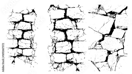 Monochrome stone walls showcase weathered textures and crack patterns, creating a stark, high-contrast look with rectangular and irregular shapes emphasizing their aged surfaces