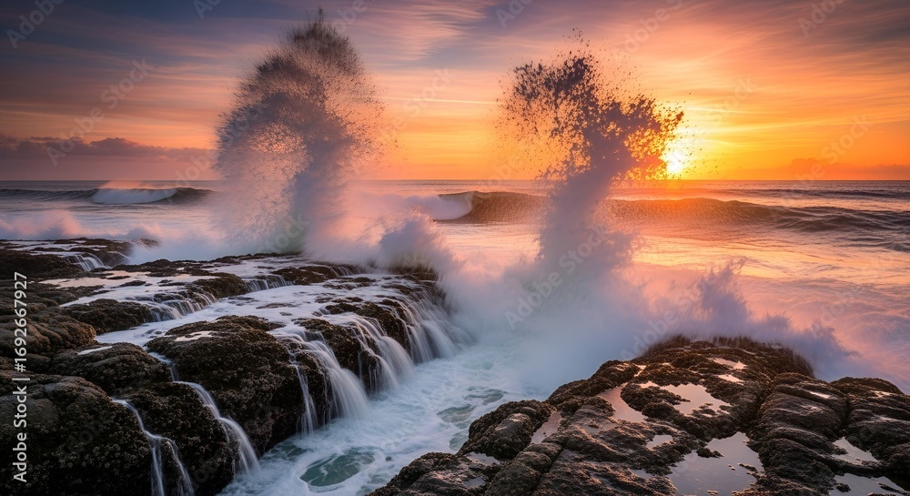 Fototapeta premium Powerful Ocean Waves Crashing on Rocks at Sunset.