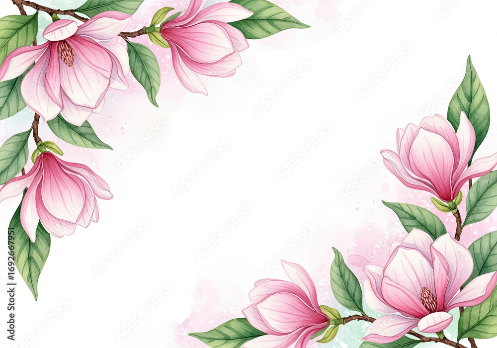Fototapeta premium Elegant watercolor magnolias with soft pink petals and green leaves gracefully blossom, forming a lovely floral border around a clean white space.