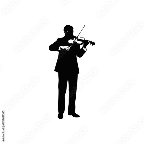 Monocolor vector silhouette of a violinist standing and playing, simple vector.