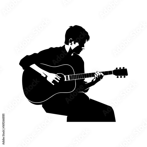 Monocolor vector silhouette of an acoustic guitar player sitting, minimal style