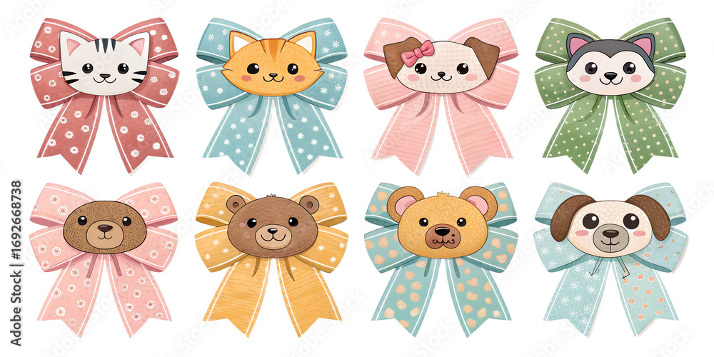Naklejka premium Animal Gift Ribbons PNG Set – Cute Bows with Cats, Dogs, Teddy Bears, Transparent Background