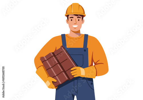 Smiling Roofer Holding Roof Tile for Construction, Renovation, or Safety-Themed Marketing – Ideal for Contractor Services or Home Improvement Ads