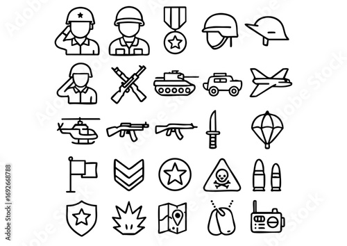 Army and Military Icon Collection, Warfare and Defense Vector Line Icons, Soldier and Combat Equipment Icons