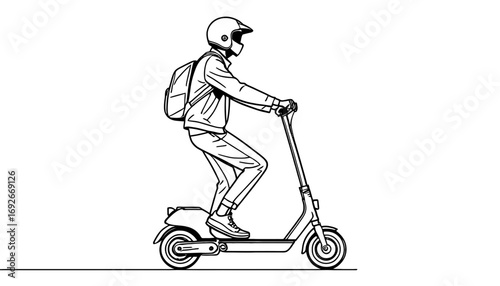 Modern electric scooter rider with backpack, helmet, and safety gear commuting in urban environment, representing sustainable transportation