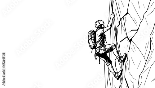 Dynamic rock climber ascending challenging cliff face, showcasing strength and determination, conquering obstacles with skill and focus, adventure awaits