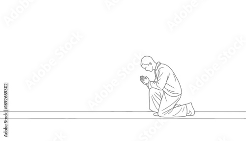 Serene moment of prayer and reflection with a kneeling man, symbolizing faith, hope, and inner peace, perfect for illustrating devotion, spirituality, and cultural traditions
