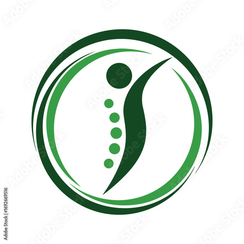Green abstract human figure with circles and swooshes in a circular frame person
