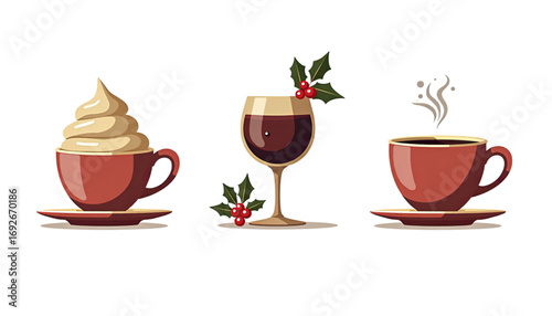 Holiday-themed coffee and beverage drinks with whipped cream, mulled wine, and steaming cup 