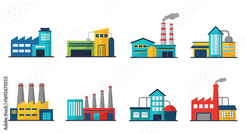 industrial buildings with smoke stacks and colorful designs