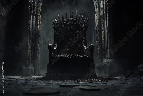 Iron Throne in Dark Stone Hallway with Columns, Fantasy King's Seat of Power