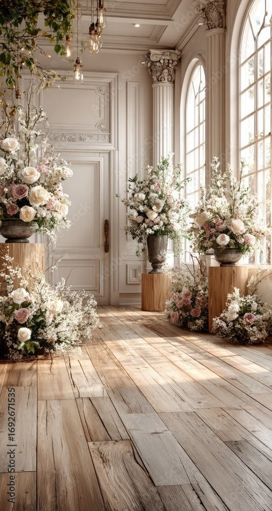 Fototapeta premium Elegant, light-filled room with floral displays