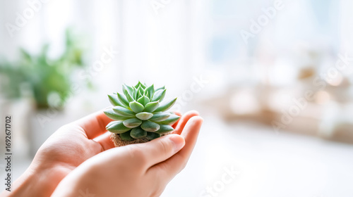 Hands gently holding a small green succulent plant with soft foc