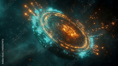 Fototapeta Naklejka Na Ścianę i Meble -  Glowing futuristic space station in a dark cosmic environment