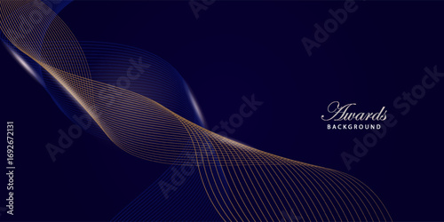 Golden Blue Award Background. Jubilee Night Decorative Invitation. Corporate Presentation with Side Flowing Thread Effect. Wedding Entertainment Hollywood Bollywood Night. Elegant Luxury