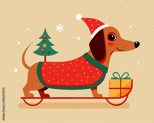 Cute dachshund dog in christmas sweater and hat on a sleigh with tree and gift