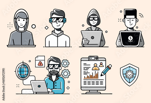Set of 5 minimalist vector icons of tech professions, including engineer testing circuit, programmer debugging code, data scientist analyzing data, cybersecurity analyst detecting threat