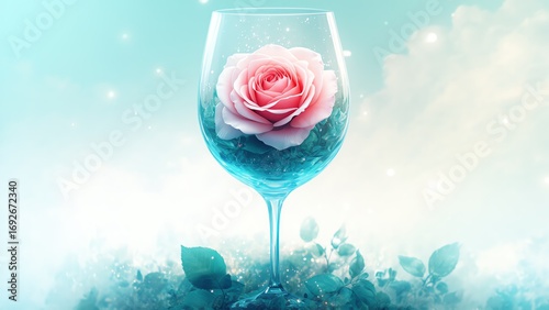 A beautifully stylized illustration featuring a delicate wine glass with a fully bloomed rose with a soft blue tint