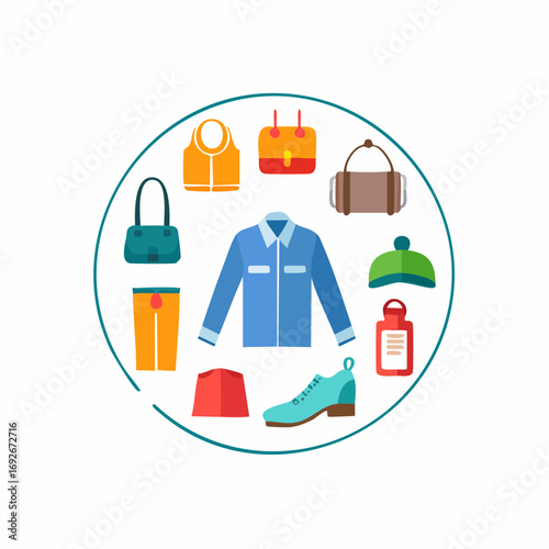 Collection of diverse clothing and fashion accessories for men and women in a modern flat design illustration