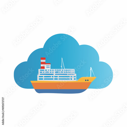 Stylized cruise ship sailing behind a blue cloud