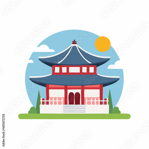 Illustration of a traditional Asian temple building in bright colors