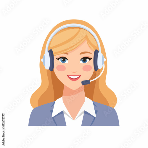 Smiling woman with blonde hair wearing a headset and business suit