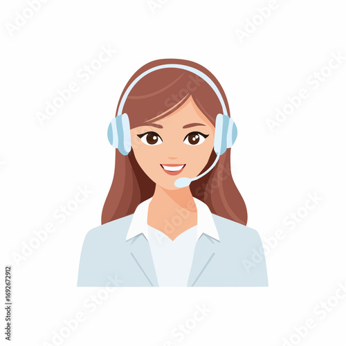 Friendly female customer support representative smiling with headset and microphone illustration
