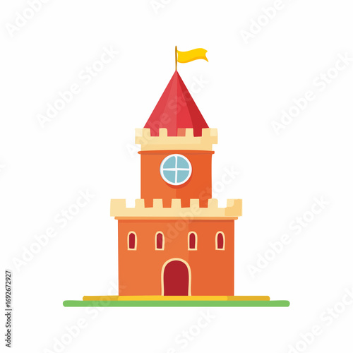 Whimsical cartoon castle tower with red roof and yellow flag on green grass