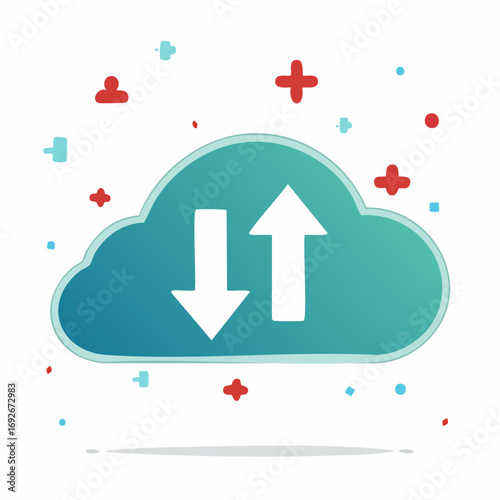 Abstract cloud with up and down arrows depicting data transfer upload download and online storage