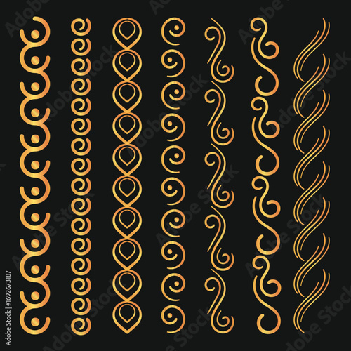 A collection of elegant, seamless vertical borders with a golden gradient. Includes various swirl, loop and geometric patterns for decorative design, frames or brushes.