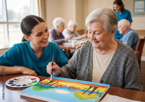 A caring young nurse or caregiver assists a happy senior woman as they paint a colorful picture together. 