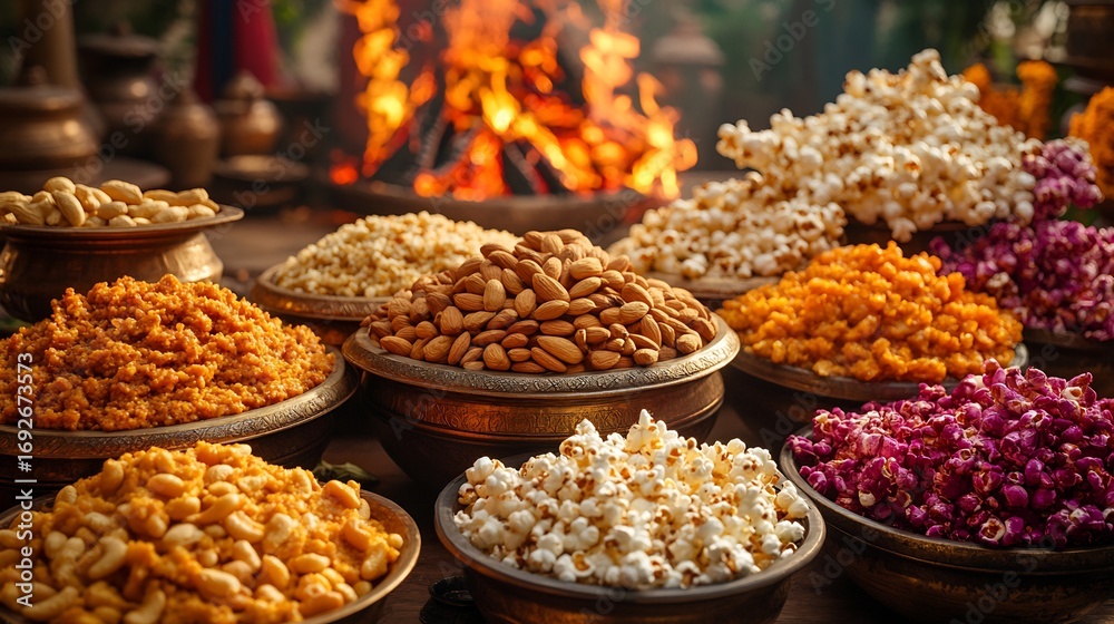 Obraz premium Lohri spread with almonds cashews and raisins displayed alongside popcorn jaggery and bonfire decorations evoking the joy of harvest season