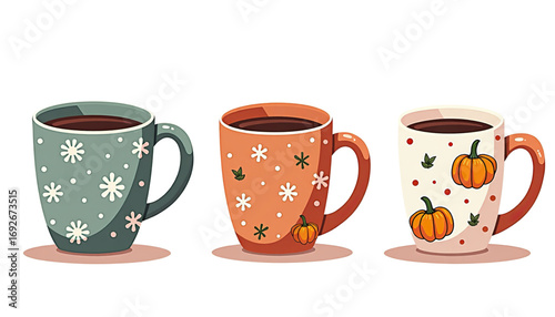 Charming coffee mugs with floral and pumpkin decorations 