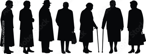 Black silhouette illustrations of elderly women with and without walking aids, showcasing stages of aging and mobility assistance.