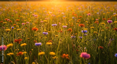 Flores de prado en la soleada soleada mañana fresca vintage paisaje de otoño fondo colorido hermoso flores de otoño mágico: ai generativo