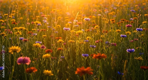 Flores de prado en la soleada soleada mañana fresca vintage paisaje de otoño fondo colorido hermoso flores de otoño mágico: ai generativo