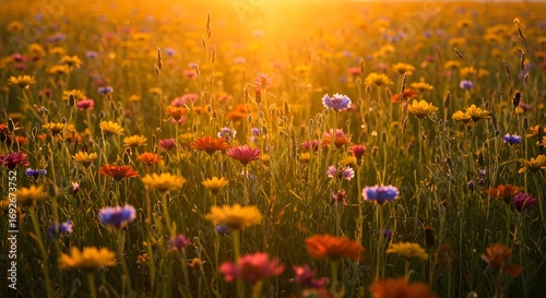 Flores de prado en la soleada soleada mañana fresca vintage paisaje de otoño fondo colorido hermoso flores de otoño mágico: ai generativo
