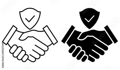 Handshake with shield badge icon set. Trust symbol in line and outline style. Business protection concept. Vector illustration isolated on white.