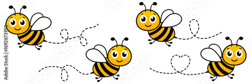 Happy flying bees collection. Honeybee with dotted path group. Vector illustration isolated on white