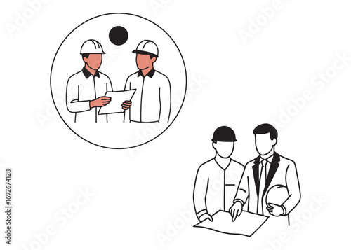 Line art of young company manager do quality control to sketch draft blueprint design. Building architecture business concept. One line art design. Vector illustration. Editable stroke

