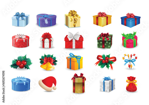 A festive collection of assorted colorful christmas gift boxes and holiday decorations arranged on a plain white background isolated on white background