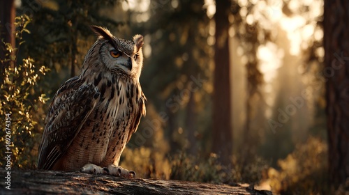 Hyper realistic owl perched log in forest cinematic golden hour light glowing through trees detailed wildlife imagery