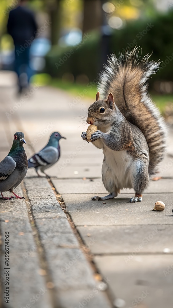 Obraz premium A grey squirrel stands on a paved path, holding a nut in its paws and enjoying a meal. Two pigeons look on.
