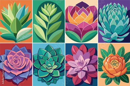 Vibrant abstract geometric succulent plants in a colorful grid pattern