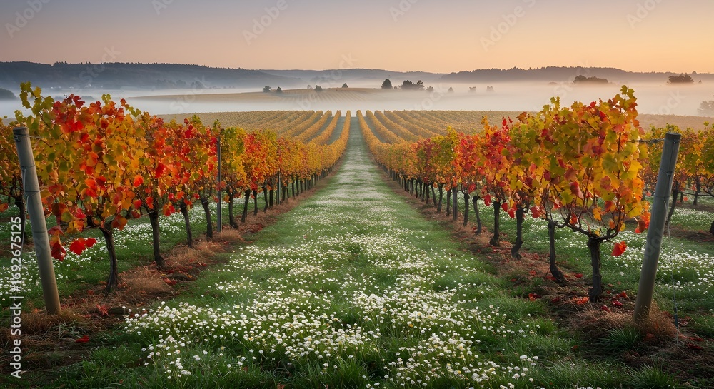 Fototapeta premium Un viñedo encantador muestra una impresionante variedad de colores de otoño con rojos vibrantes, naranjas y amarillos, en contraste con un paisaje sereno y nebuloso en el fondo de La Rioja España