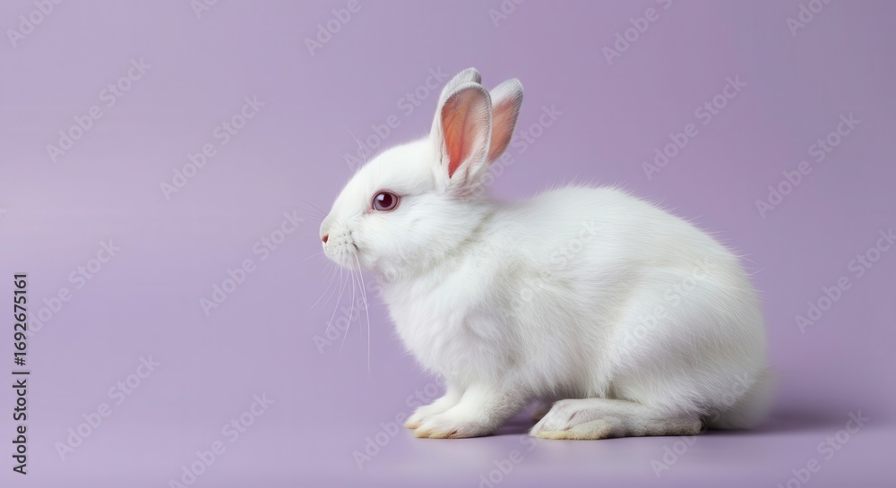 Fototapeta premium A small, fluffy white rabbit sits against a soft, vibrant purple background.