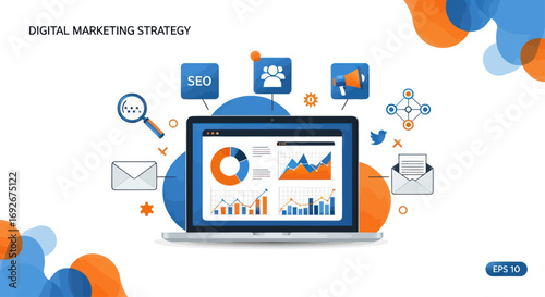 Laptop displaying data charts surrounded by digital marketing icons, illustrating online strategy.