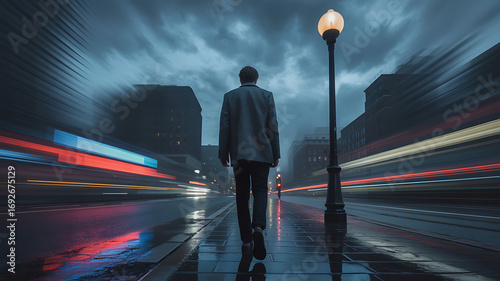 A lone man walks away from the camera in the middle of a city street at dusk, with glowing car headlights approaching.