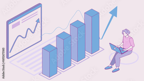 An isometric illustration of a person analyzing a rising bar chart on a laptop, perfect for websites or blogs about business growth, data analysis, or financial reporting.

